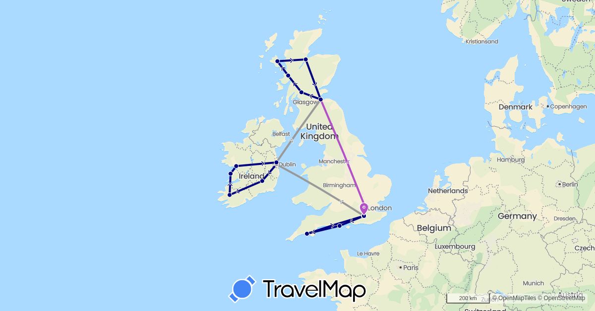 TravelMap itinerary: driving, plane, train in United Kingdom, Ireland (Europe)